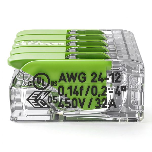 WAGO 221-425 |Splicing Connector Green Range | for Solid, Stranded and fine-Stranded Conductors | 5-Conductor with levers | 24-12 AWG | Transparent housing | [25 Pieces]-4