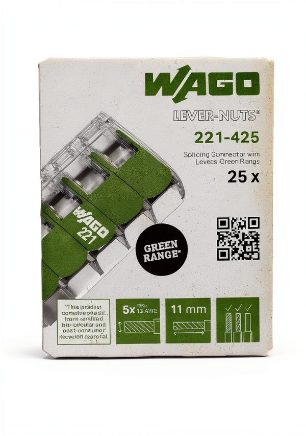 WAGO 221-425 |Splicing Connector Green Range | for Solid, Stranded and fine-Stranded Conductors | 5-Conductor with levers | 24-12 AWG | Transparent housing | [25 Pieces]-6