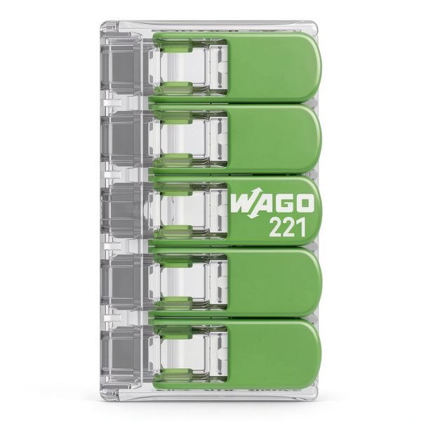 WAGO 221-425 |Splicing Connector Green Range | for Solid, Stranded and fine-Stranded Conductors | 5-Conductor with levers | 24-12 AWG | Transparent housing | [25 Pieces]-2